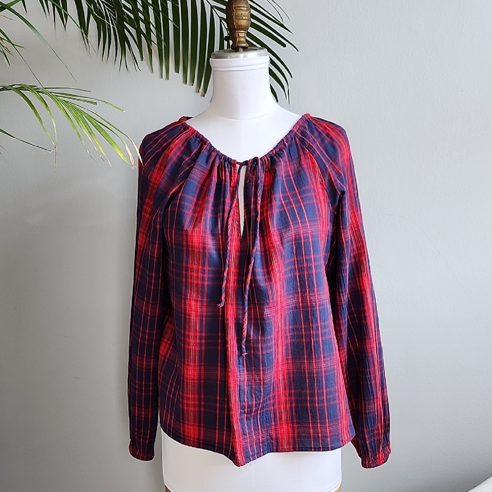 GAP Red and Blue Plaid  Shirred  Cotton Peasant Top With Drawstring S Loose Fit